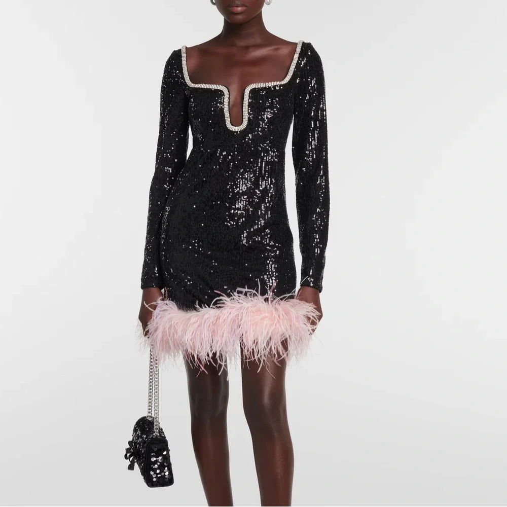 NWT Self-Portrait Black Feather-Trim Sequined Mini Dress Black Pink Size 12 - Picture 2 of 10